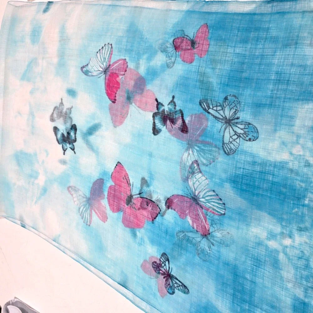 Scarf Set 19 x 64 Womens Blue White Butterfly Floral Sheer Lightweight Wrap Fall